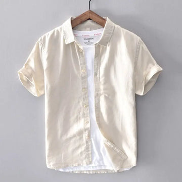 Riolio Breathable Linen Shirt Men's Short-sleeved Slim Bodysuit Thin Lapel Youth Casual White Shirt